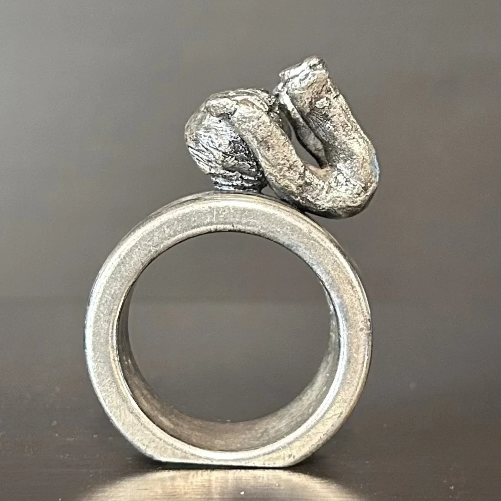 Hudson Walli Pewter Napkin Ring Brutalist Boy Playing Figurine Silver Tone USA